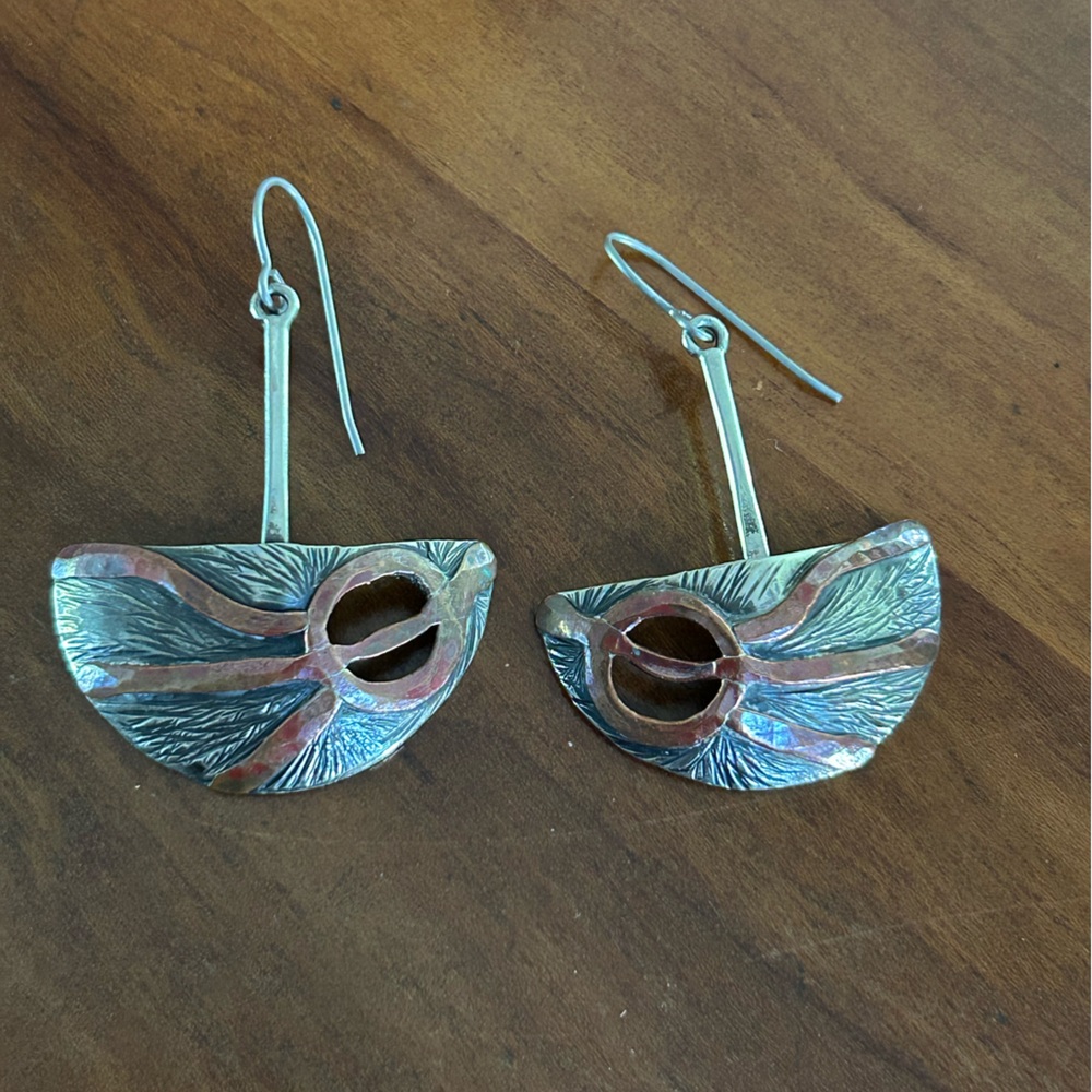Artistic Silver and Copper Dangle Earrings Sunburst Motif Boho Edgy Rocker